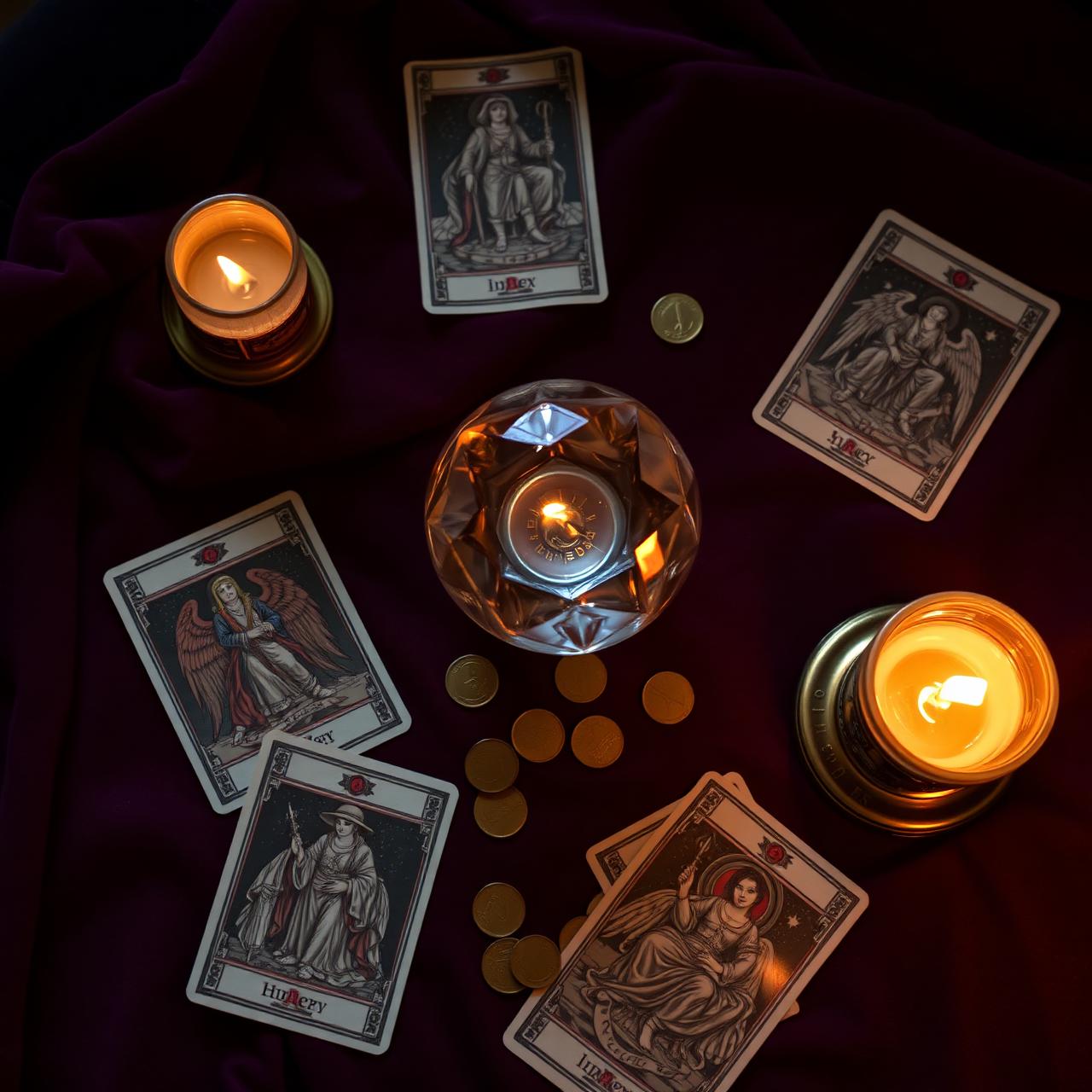Vintage tarot cards and crystal sphere by candlelight